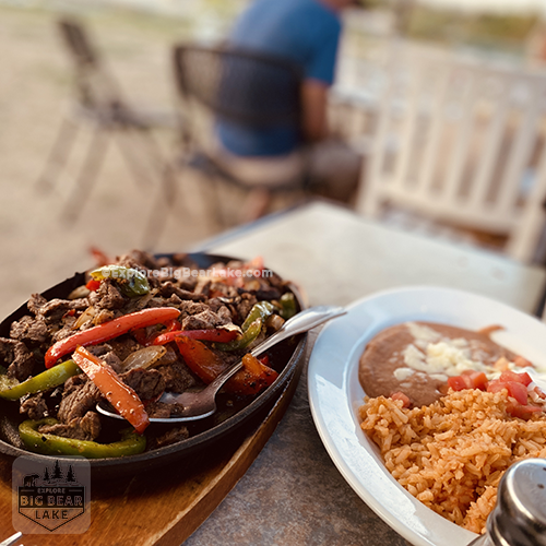 Santana and mavericks lakeside restaurant review_steak fajitas with mexican rice and beans_copyright_ExploreBigBearLake_dot_com