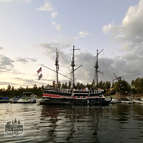 Big Bear Lake Pirate Ship on water at dawn copyright ExploreBigBearLake.com