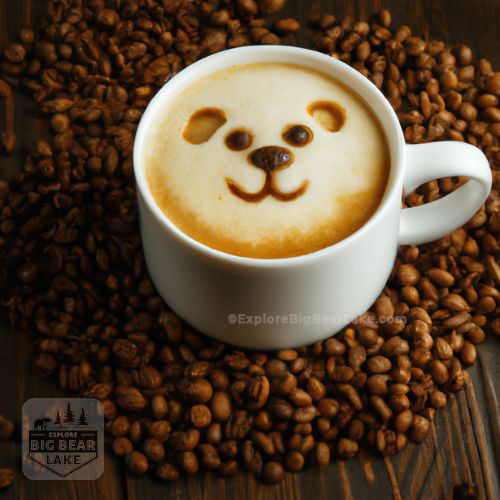 hot latte with bear face in white mug from Big Bear Coffee Shops_copyright ExploreBigBearLake