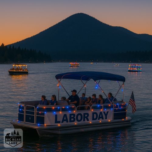 Decorated boats with lights floating on Big Bear Lake for labor day