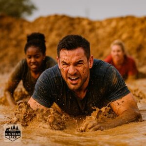 runner covered in mud crawling during the Big Bear Mud Run Tough Mudder x In-n-Out event copyright ExploreBigBearLake